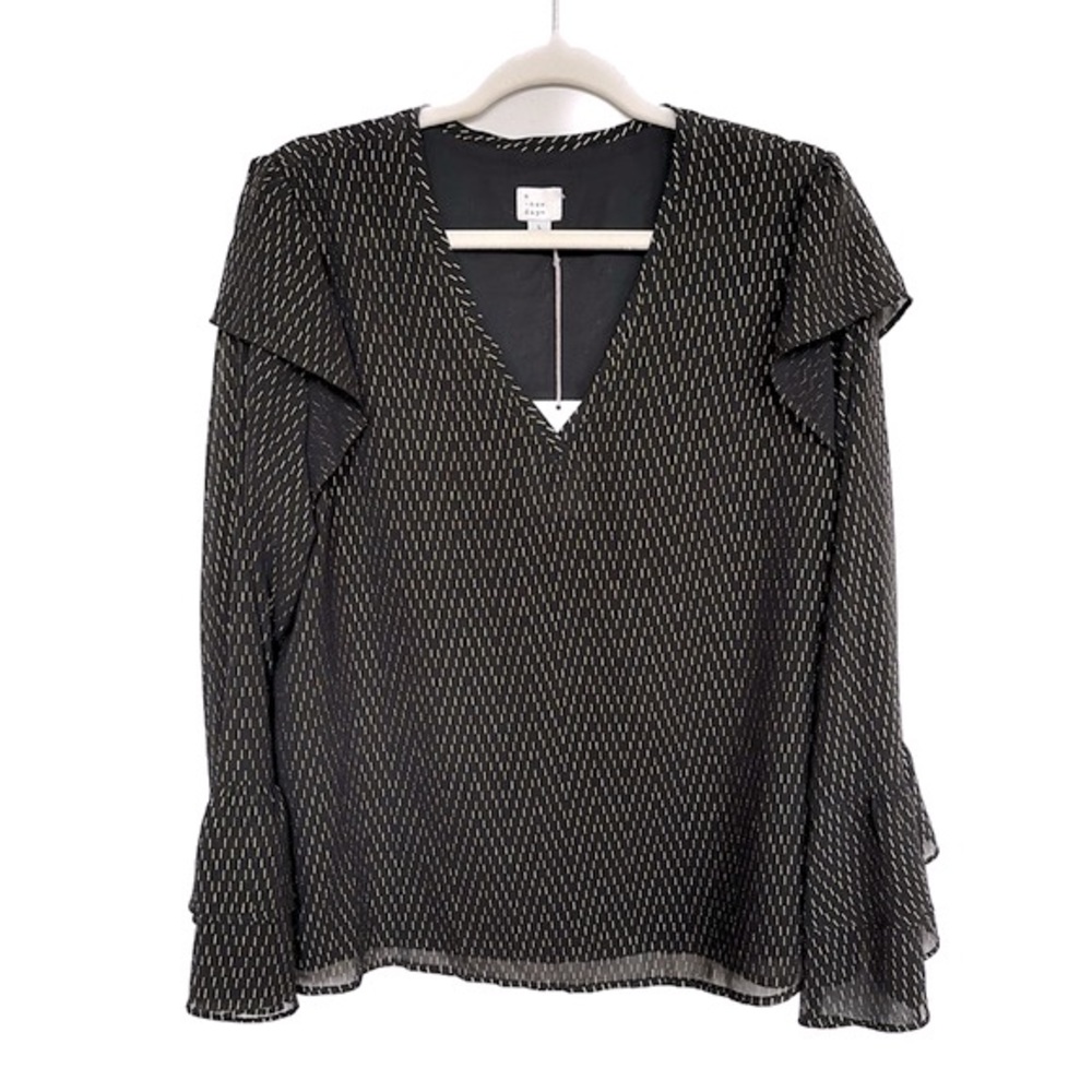 A New Day Black and Gold Ruffled Long V-Neck Sleeve Blouse - Picture 5 of 12